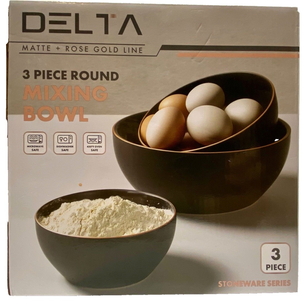 Delta Stoneware Mixing Bowl 3 PC Set Round Matte Black Rose Gold Trim New In Box